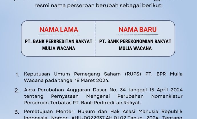 perubahan nomenklatur BPR Mulia Wacana