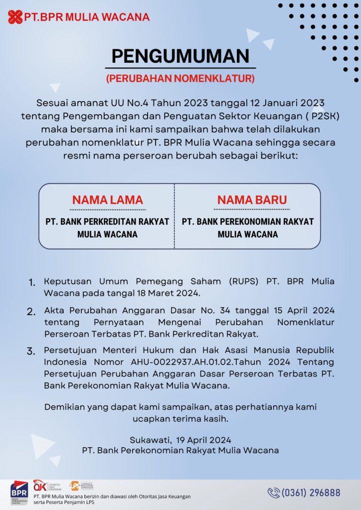 perubahan nomenklatur BPR Mulia Wacana